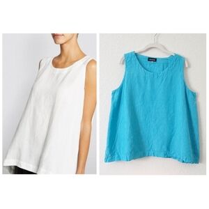 Eskandar Linen Blue A-line Round Neck Shell Tank Top US 14-16 Size 2 Lagenlook